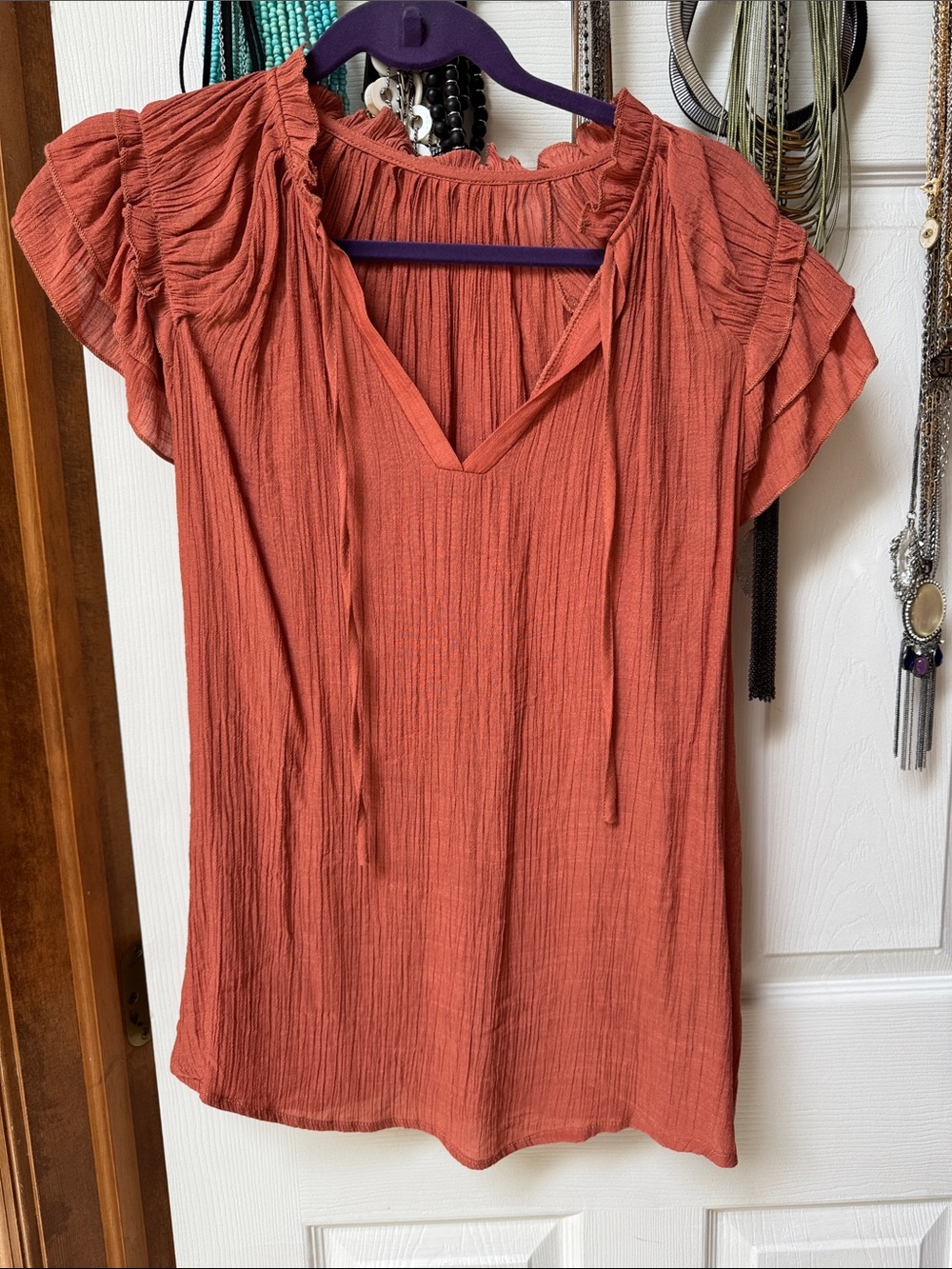Rust Textured Peasant Top with Tie Neck